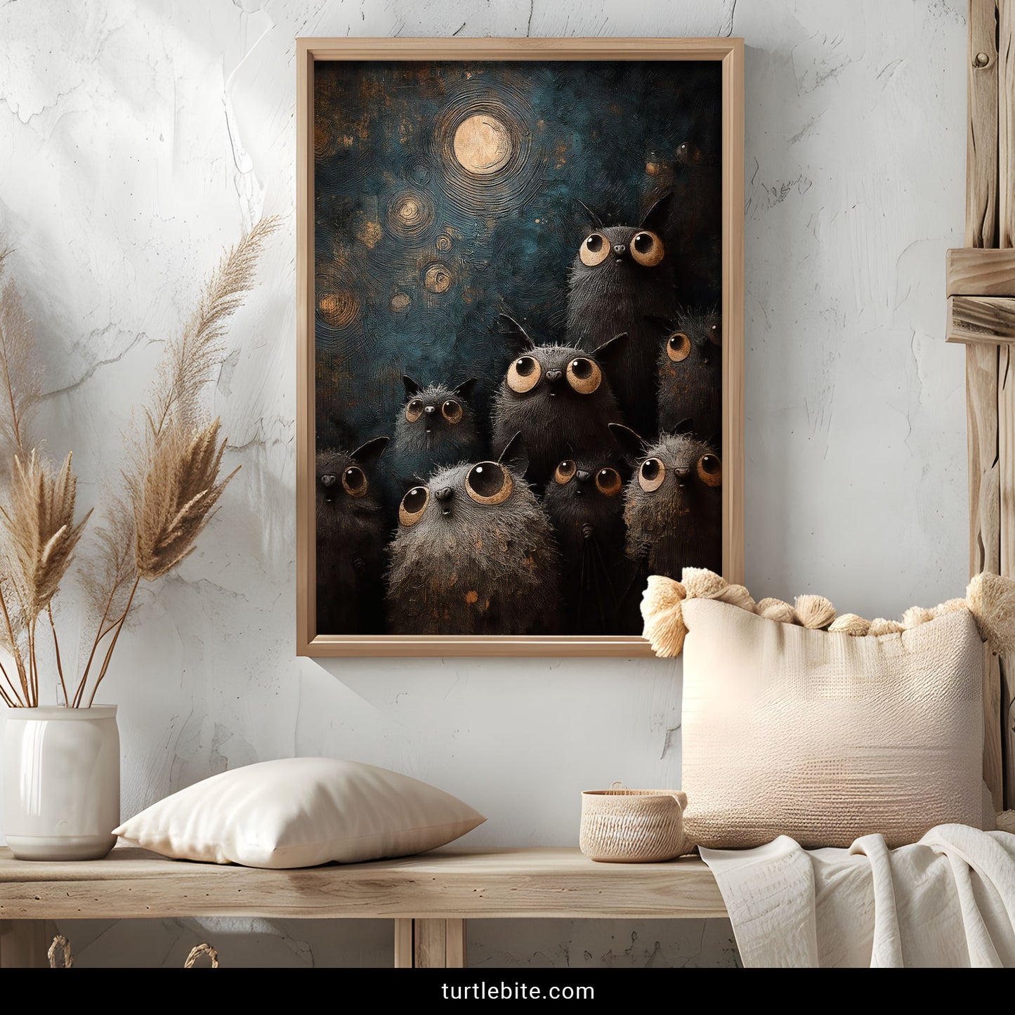Whimsical bat poster – cute gothic bat faces with enormous amber eyes painted in moody oil painting style