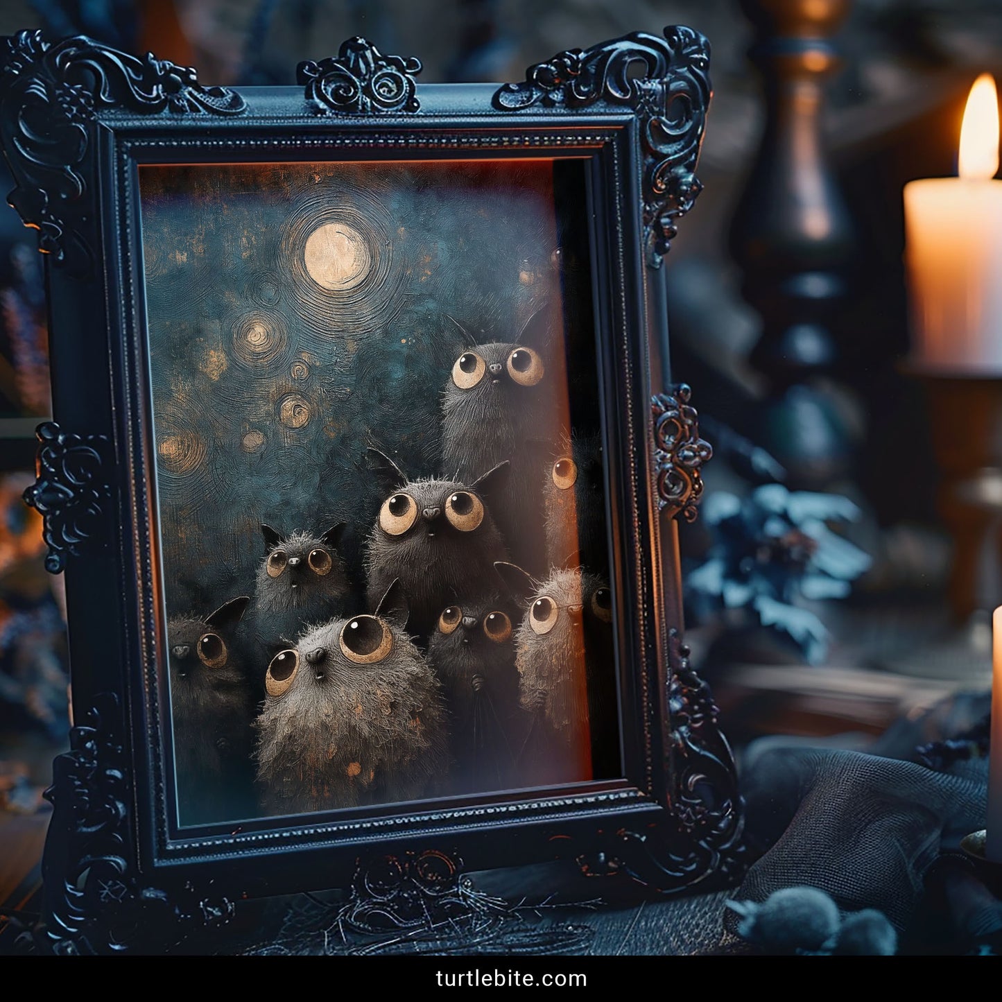 Whimsical bat poster – cute gothic bat faces with enormous amber eyes painted in moody oil painting style
