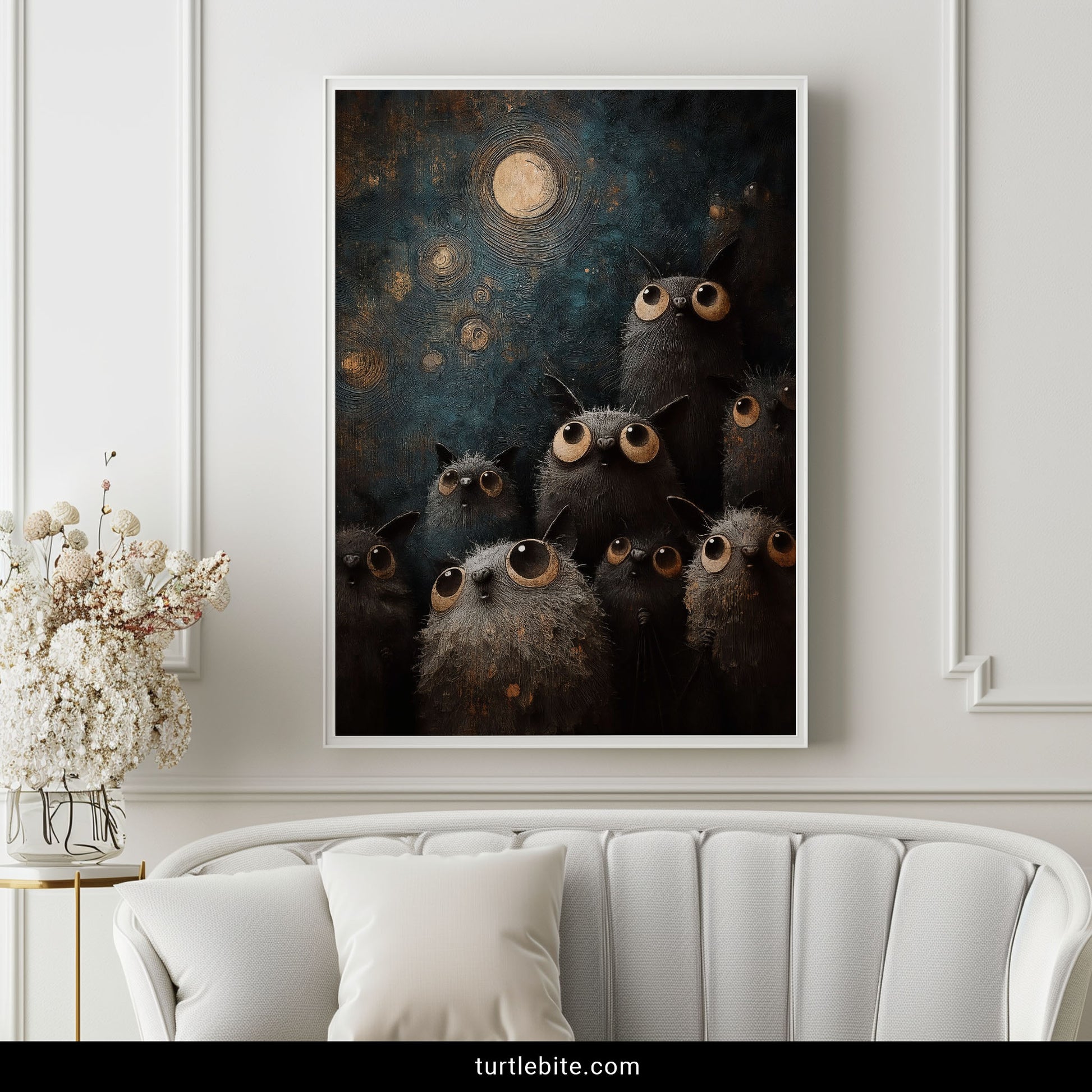 Creepy cute bat wall art print with swirling moonlit sky and cluster of wide-eyed dark creatures