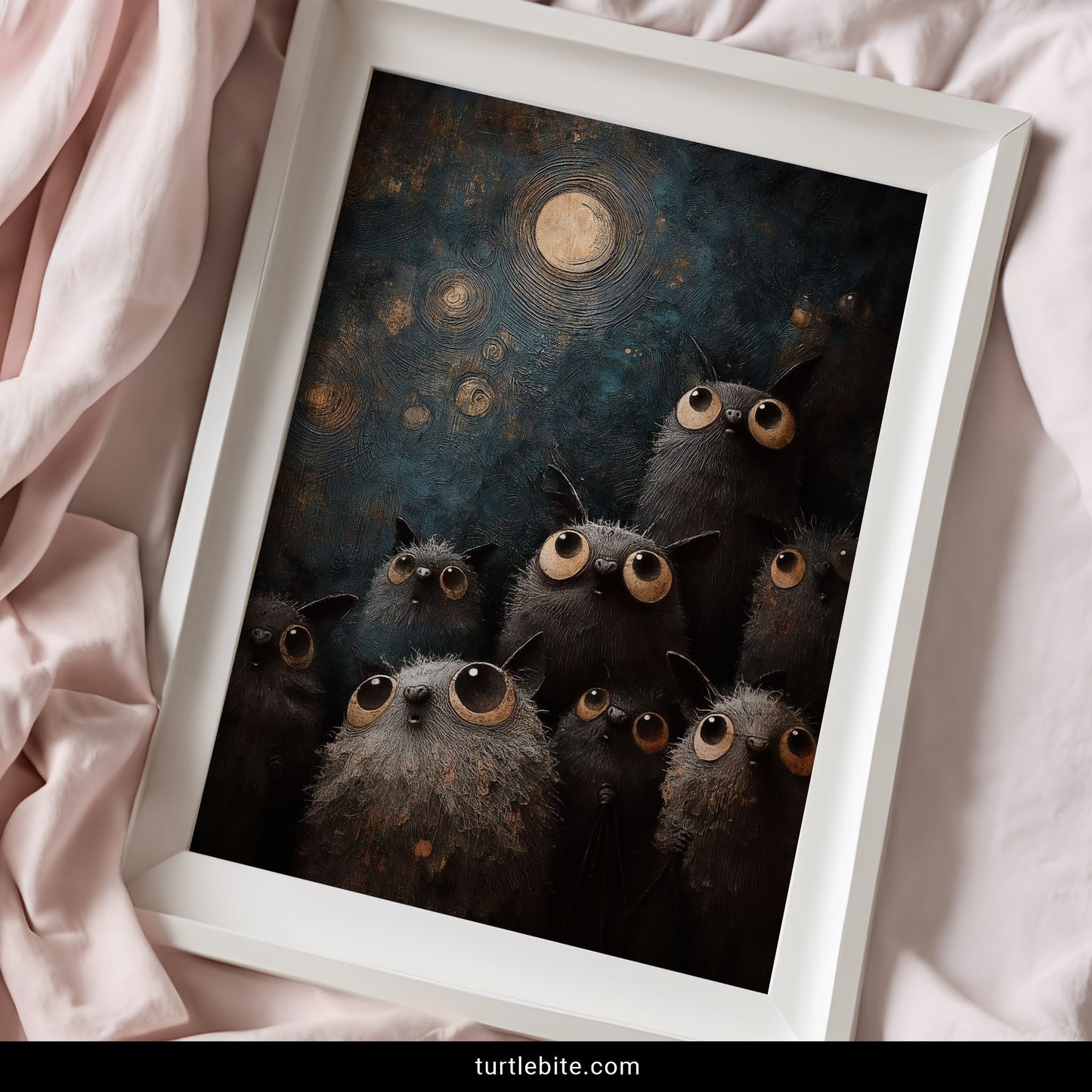 Full moon bat print in rich oil painting style – teal and gold gothic surrealism with adorable monster bats