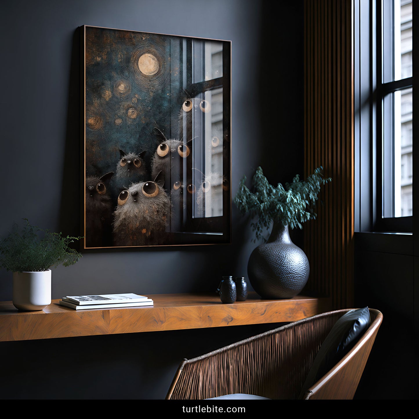 Full moon bat print in rich oil painting style – teal and gold gothic surrealism with adorable monster bats