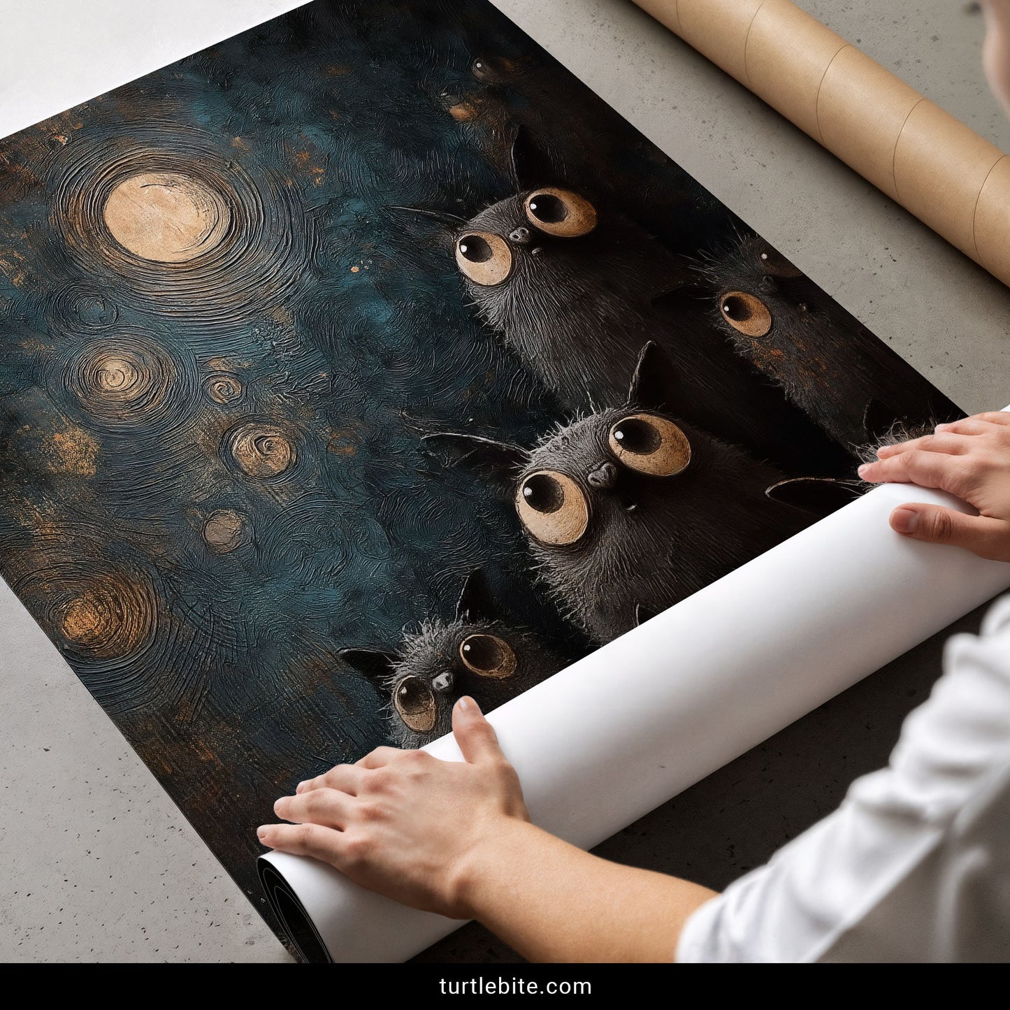 Full moon bat print in rich oil painting style – teal and gold gothic surrealism with adorable monster bats