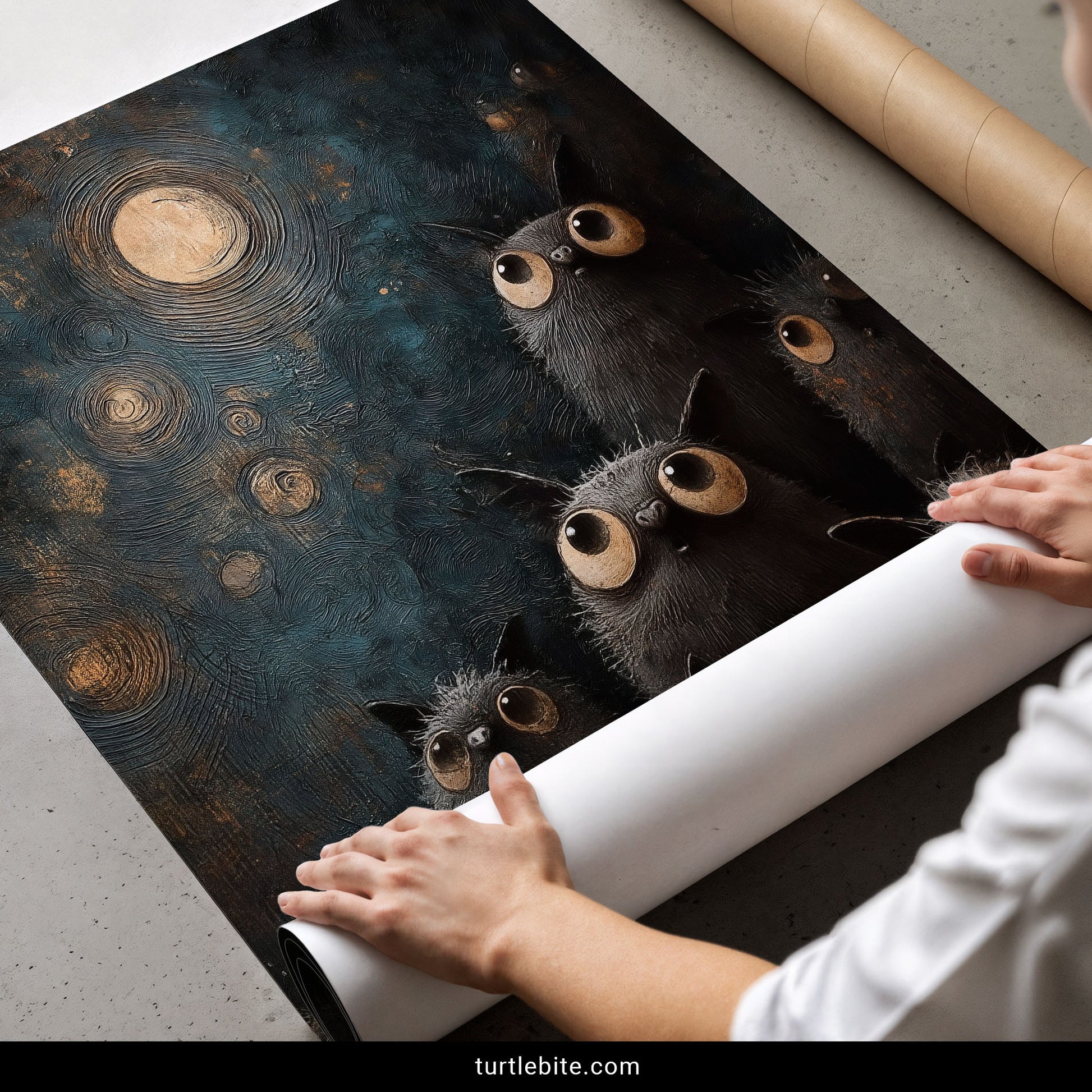 Full moon bat print in rich oil painting style – teal and gold gothic surrealism with adorable monster bats