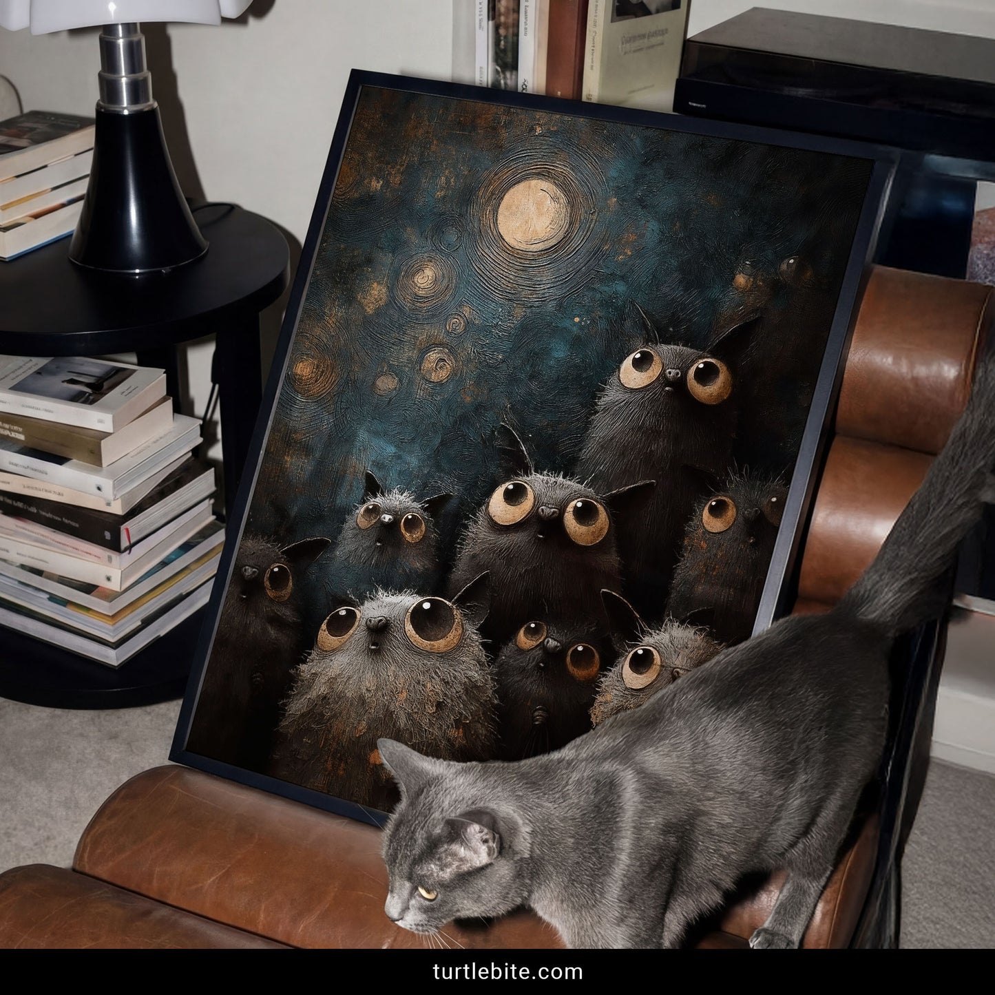 Creepy cute bat wall art print with swirling moonlit sky and cluster of wide-eyed dark creatures