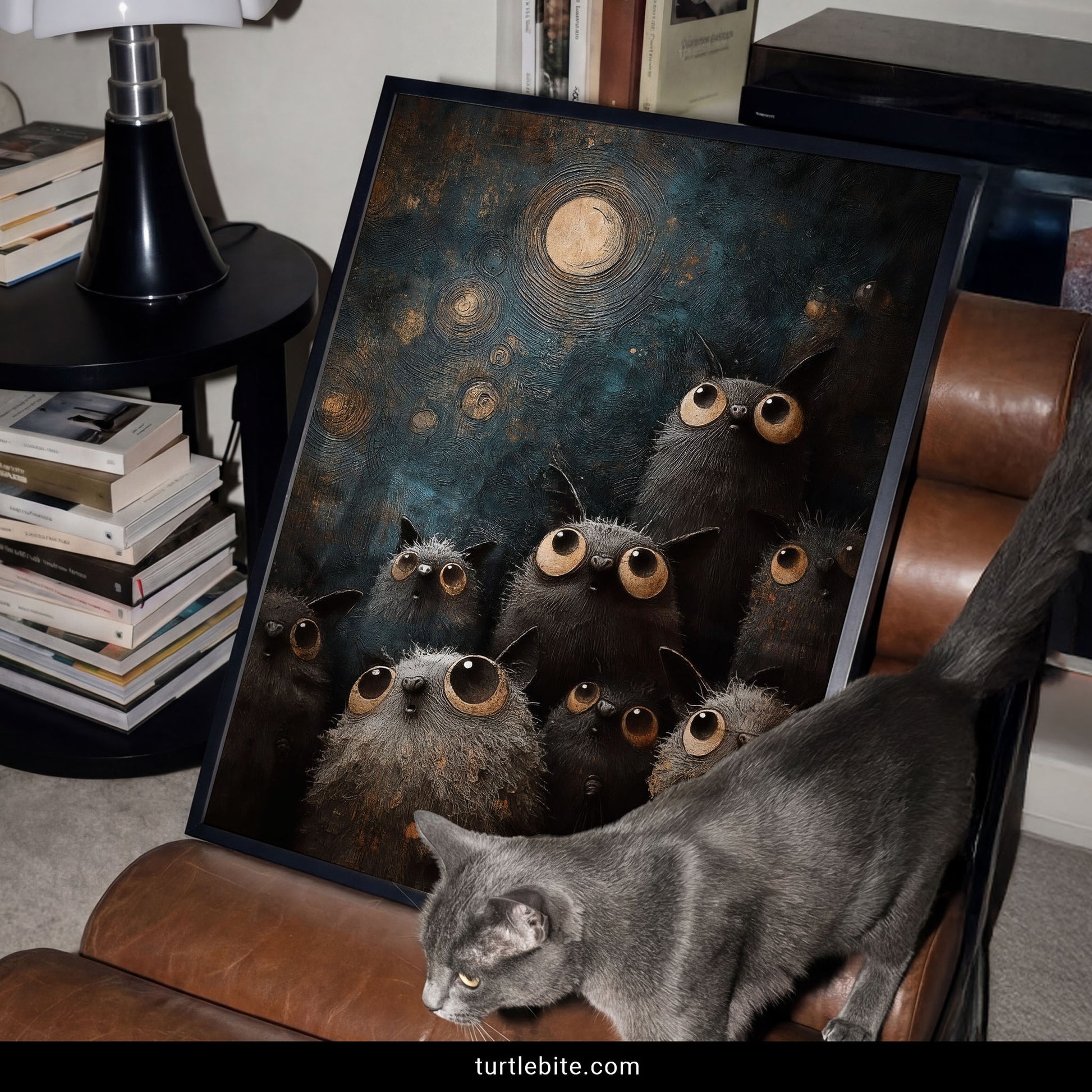 Creepy cute bat wall art print with swirling moonlit sky and cluster of wide-eyed dark creatures