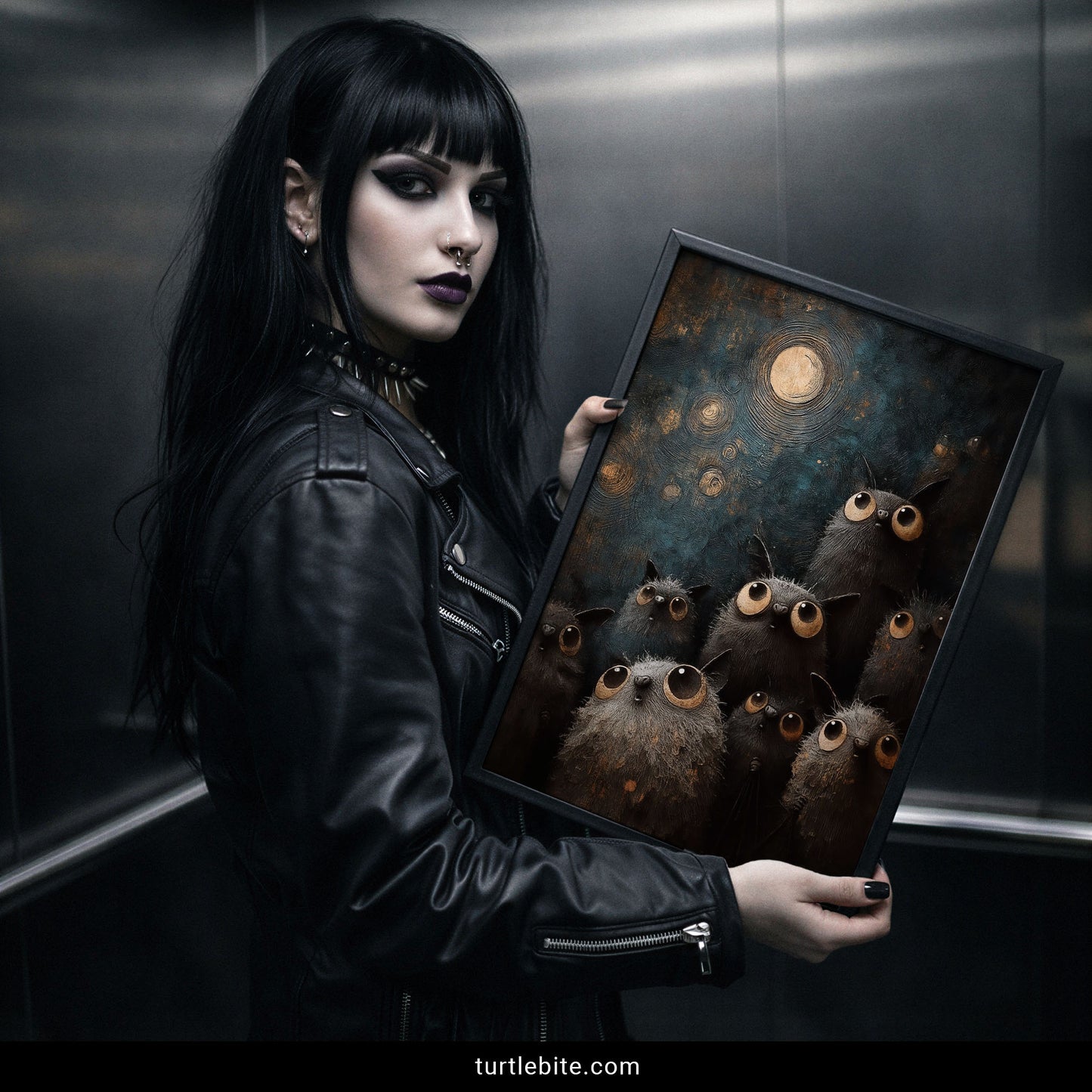 Dark whimsical wall art – fuzzy bat creatures with oversized eyes in a Van Gogh-style teal and gold night sky