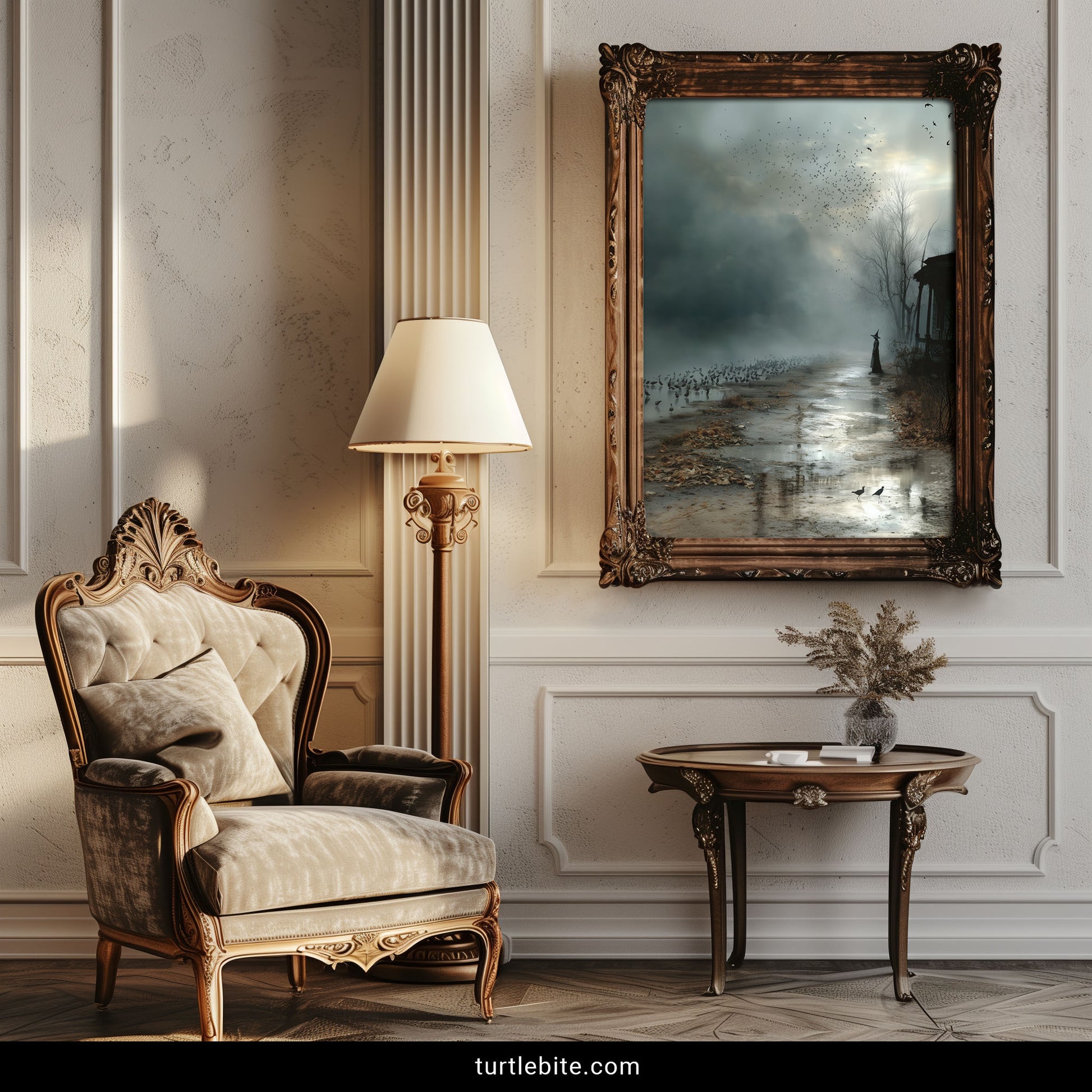 Spooky gothic art print with witch summoning crows on misty waterlogged path in blue-gray moody storm scene