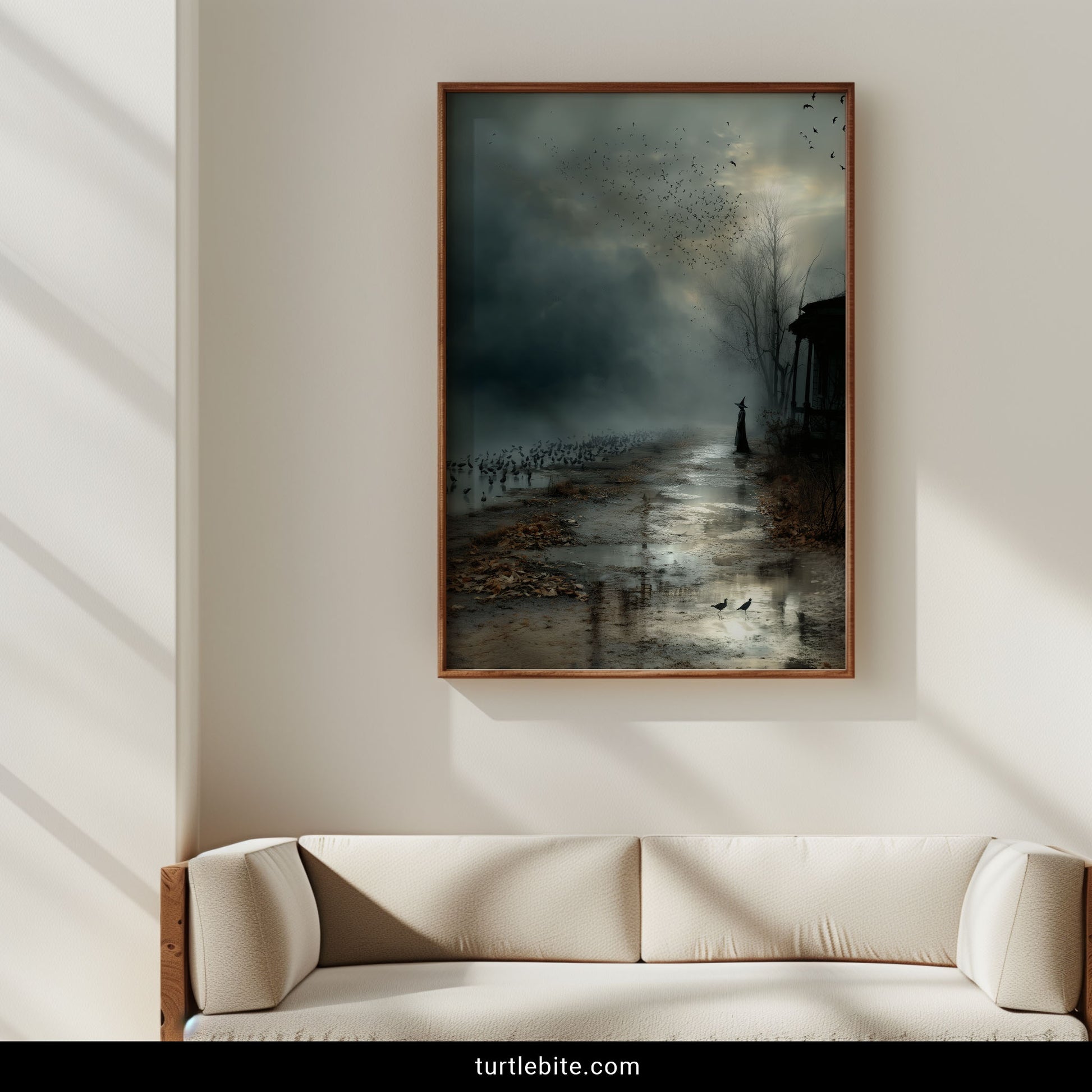 Mysterious witchcraft wall decor showing powerful witch silhouette orchestrating massive gathering of crows in haunting landscape