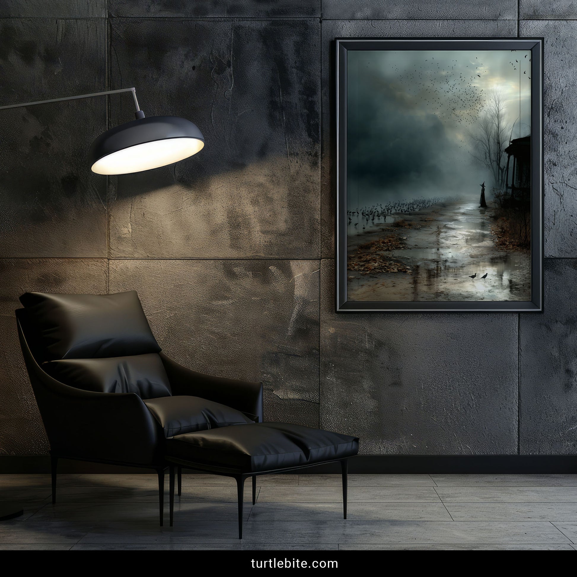 Mysterious witchcraft wall decor showing powerful witch silhouette orchestrating massive gathering of crows in haunting landscape