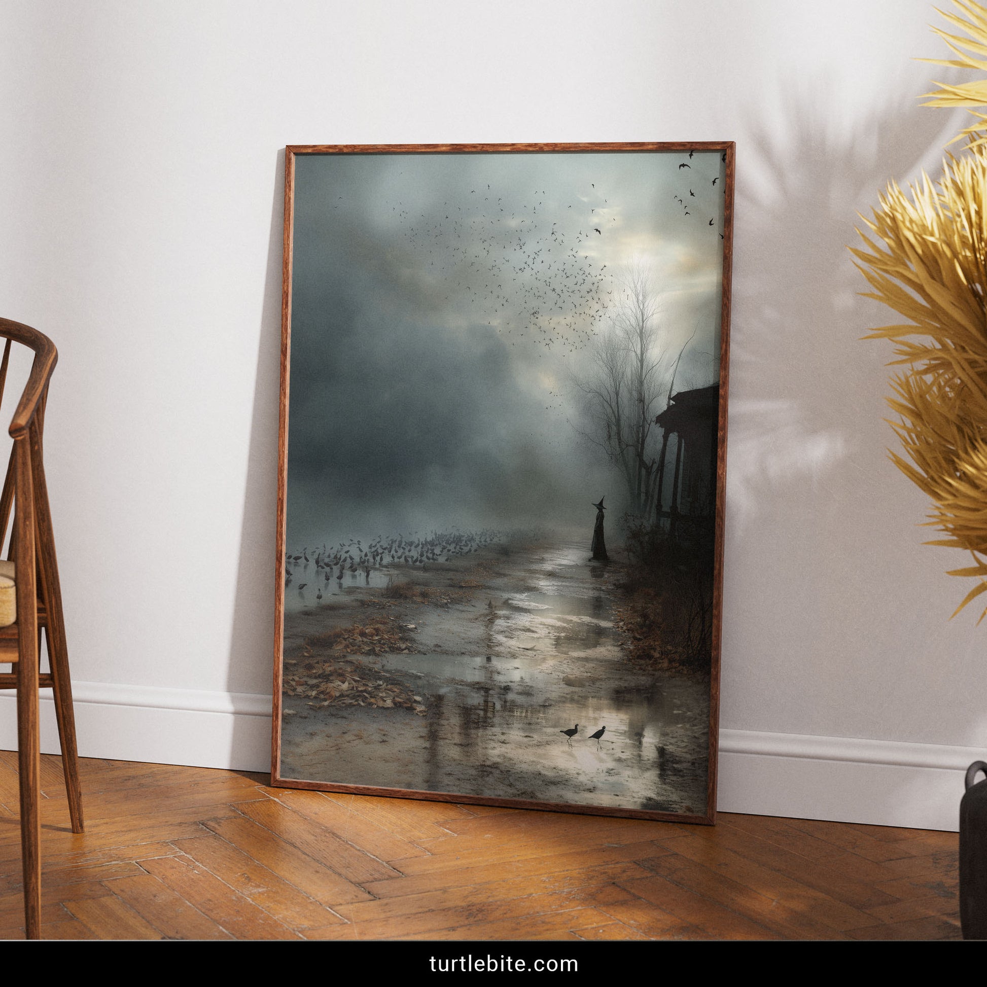 Dark moody wall art featuring silhouetted witch with pointed hat surrounded by hundreds of swirling birds near abandoned structure