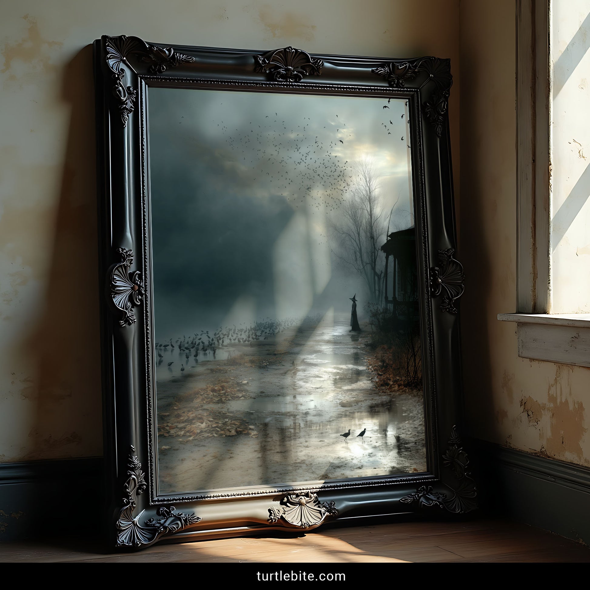 Dark moody wall art featuring silhouetted witch with pointed hat surrounded by hundreds of swirling birds near abandoned structure