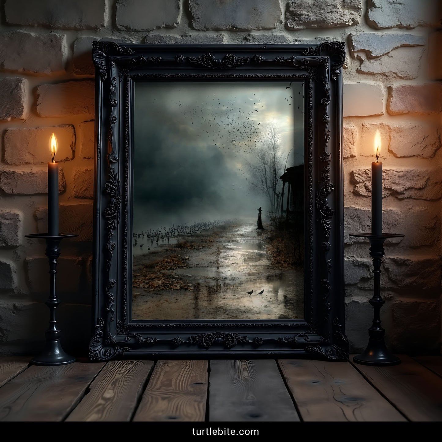 Spooky gothic art print with witch summoning crows on misty waterlogged path in blue-gray moody storm scene