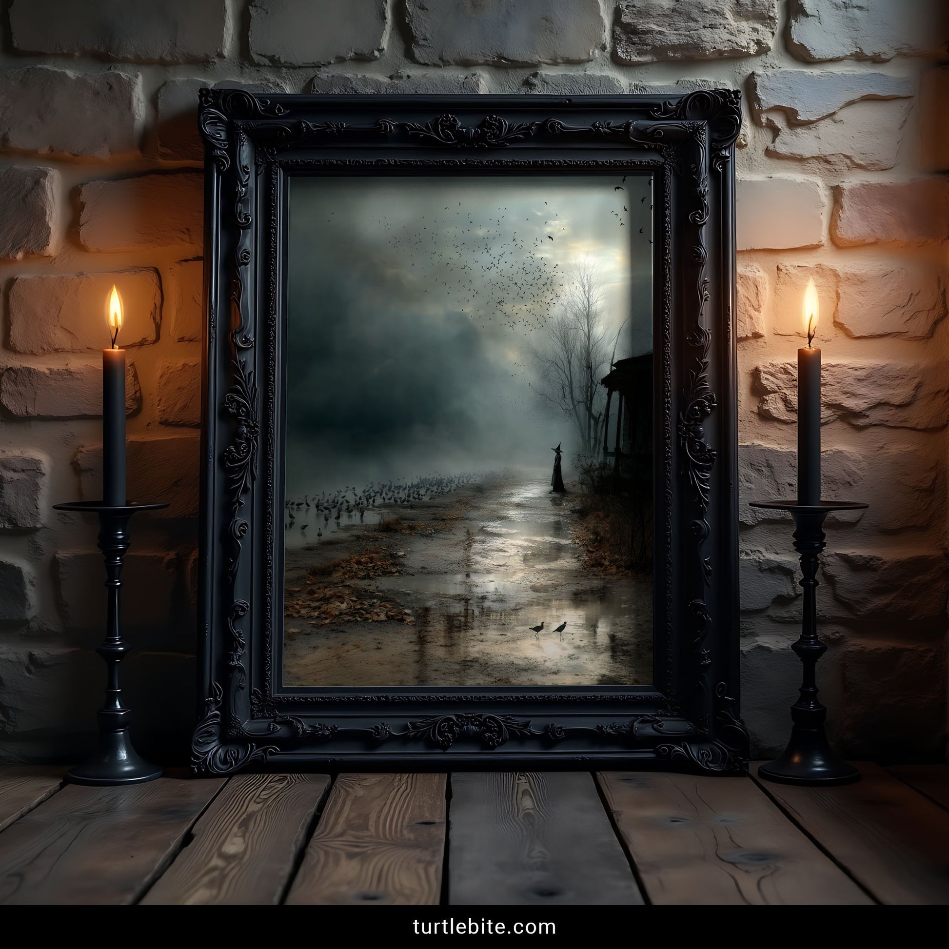 Spooky gothic art print with witch summoning crows on misty waterlogged path in blue-gray moody storm scene