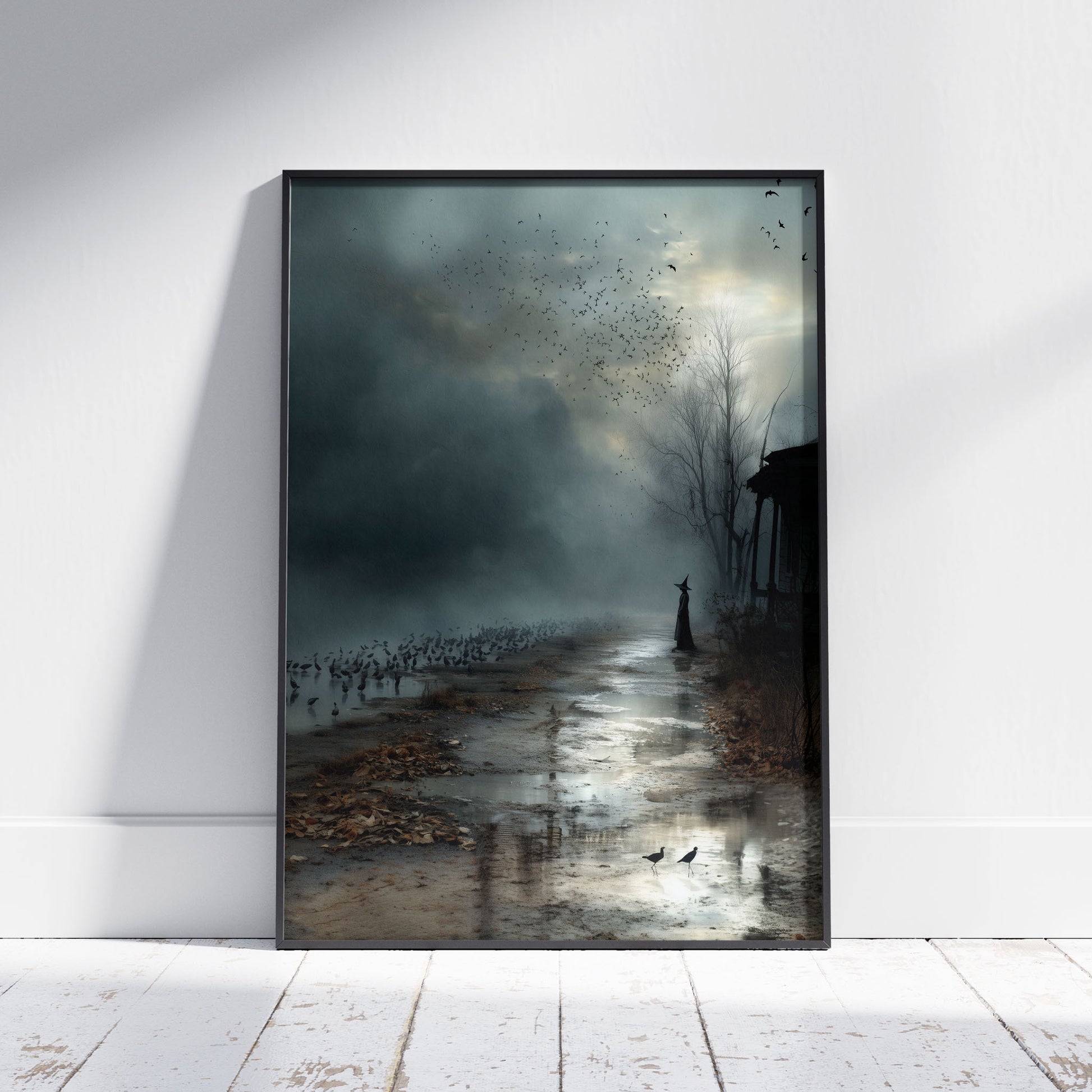 Gothic witchcraft art print showing mysterious witch commanding massive flock of crows in stormy atmospheric landscape