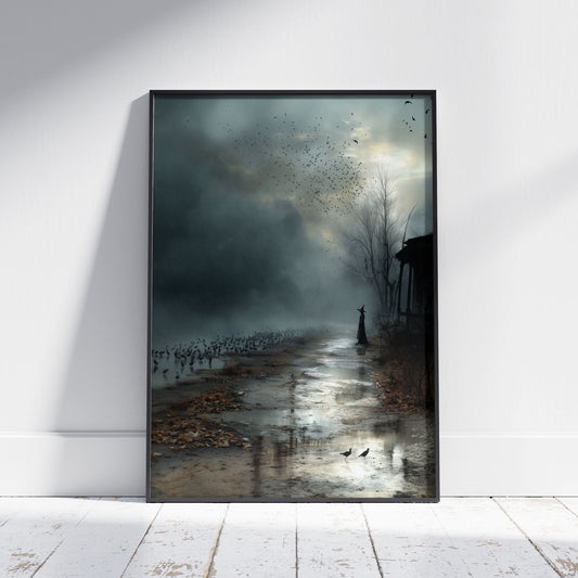 Gothic witchcraft art print showing mysterious witch commanding massive flock of crows in stormy atmospheric landscape