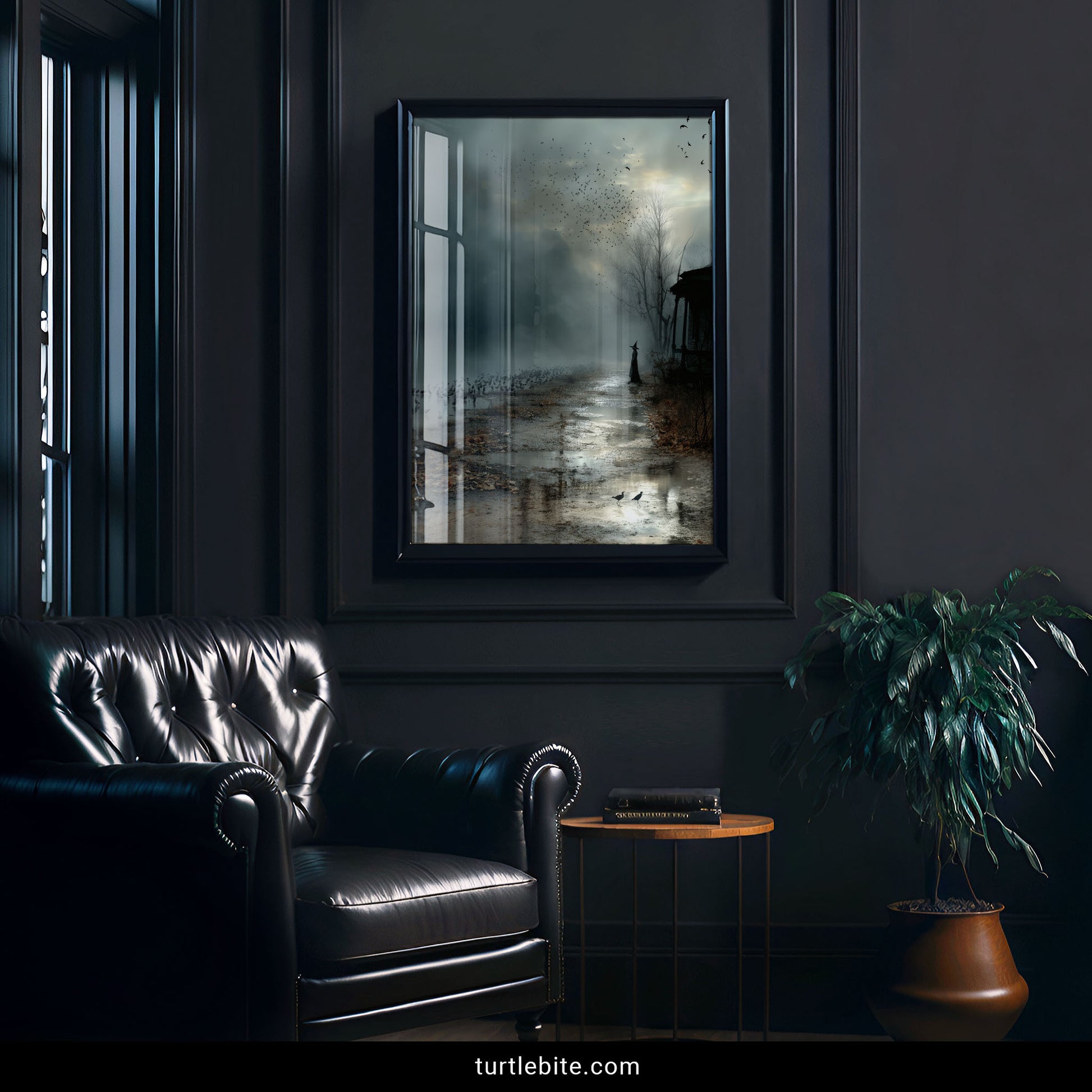Gothic witchcraft art print showing mysterious witch commanding massive flock of crows in stormy atmospheric landscape