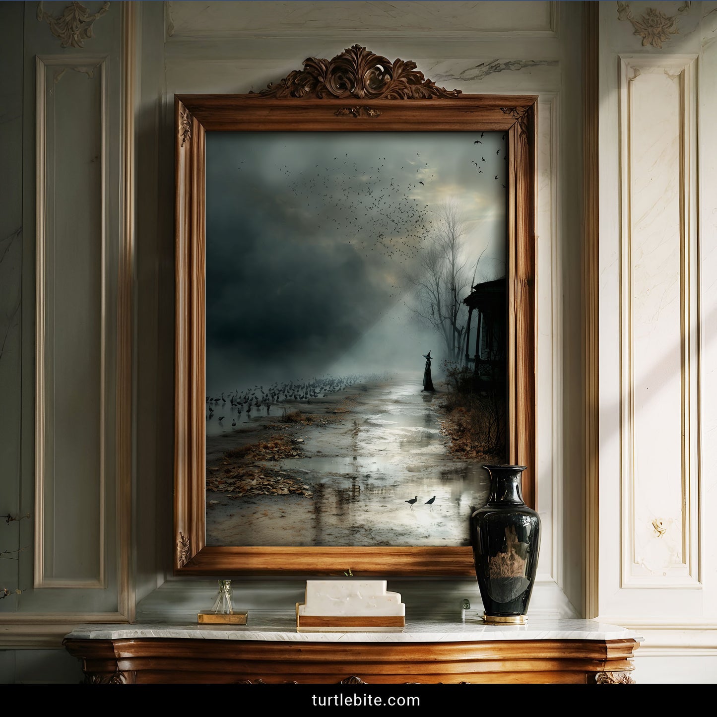 Atmospheric occult poster depicting nature witch controlling crow murmuration under dramatic storm clouds and skeletal trees