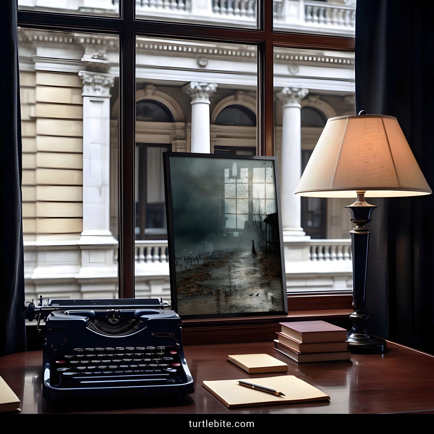 Atmospheric occult poster depicting nature witch controlling crow murmuration under dramatic storm clouds and skeletal trees