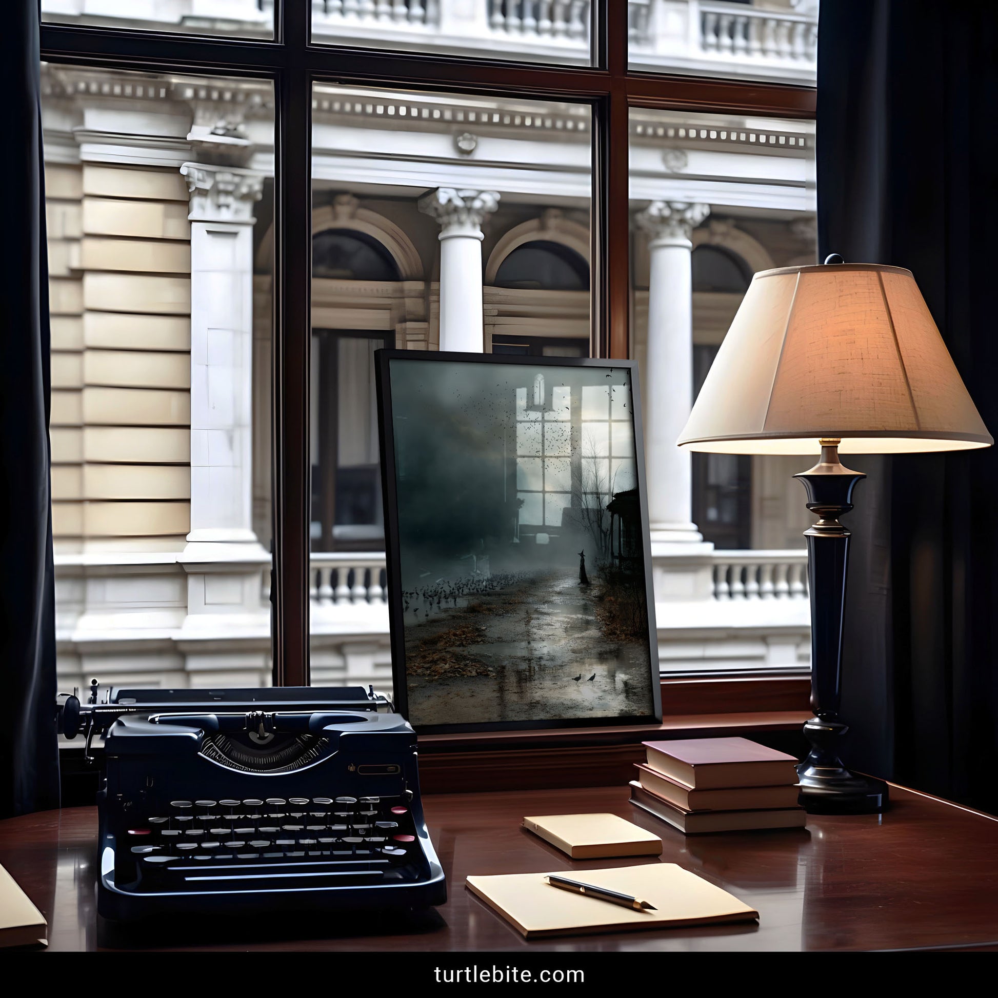 Atmospheric occult poster depicting nature witch controlling crow murmuration under dramatic storm clouds and skeletal trees