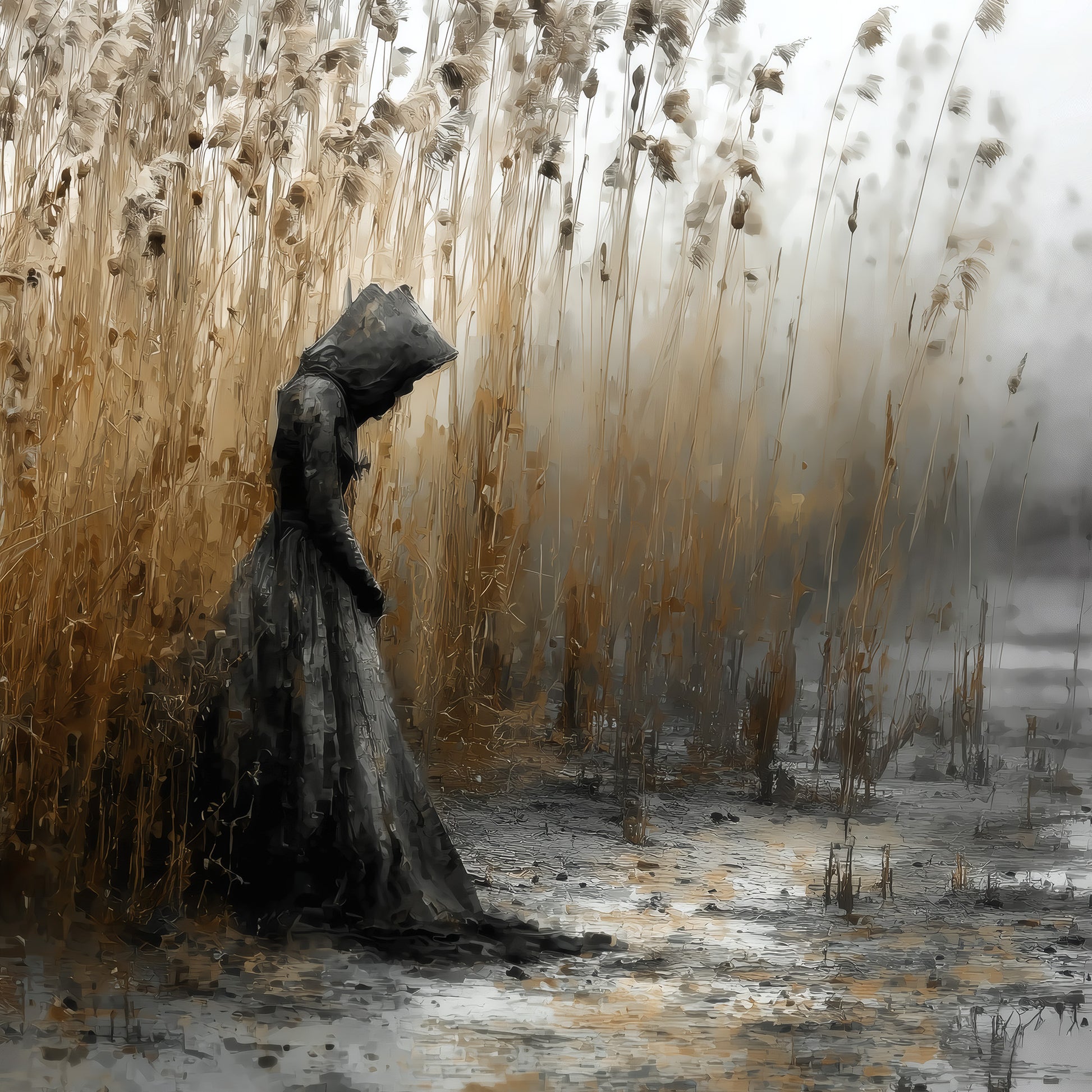 Gothic art print featuring mysterious cloaked woman standing in misty reeds by water with atmospheric fog