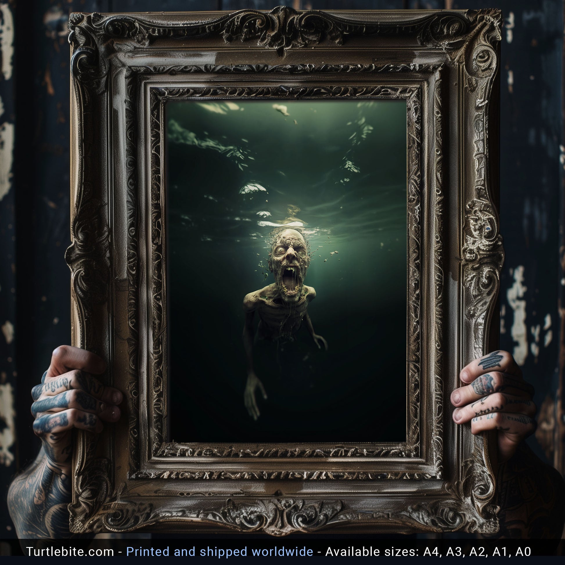 Horror poster displaying macabre underwater zombie with ghoulish expression