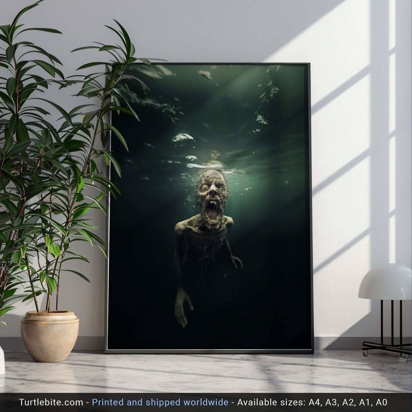 Spooky wall decor showing terrifying undead creature submerged in dark water