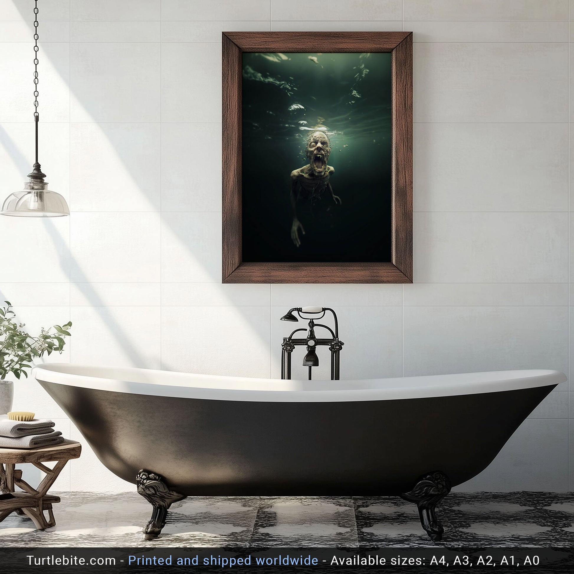 Gothic home decor art print of haunting zombie figure in murky underwater scene