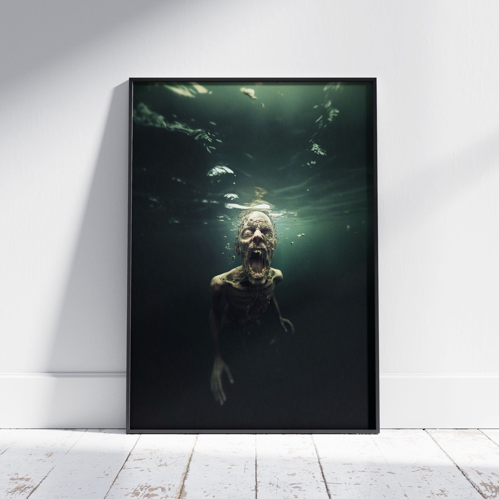 Zombie art print showing underwater horror scene with decomposing undead figure
