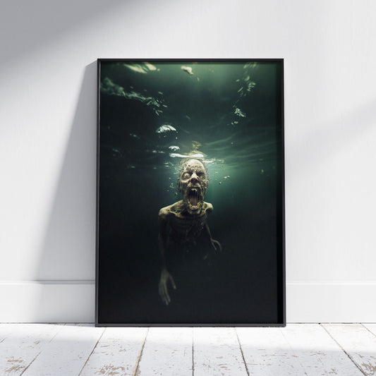 Zombie art print showing underwater horror scene with decomposing undead figure